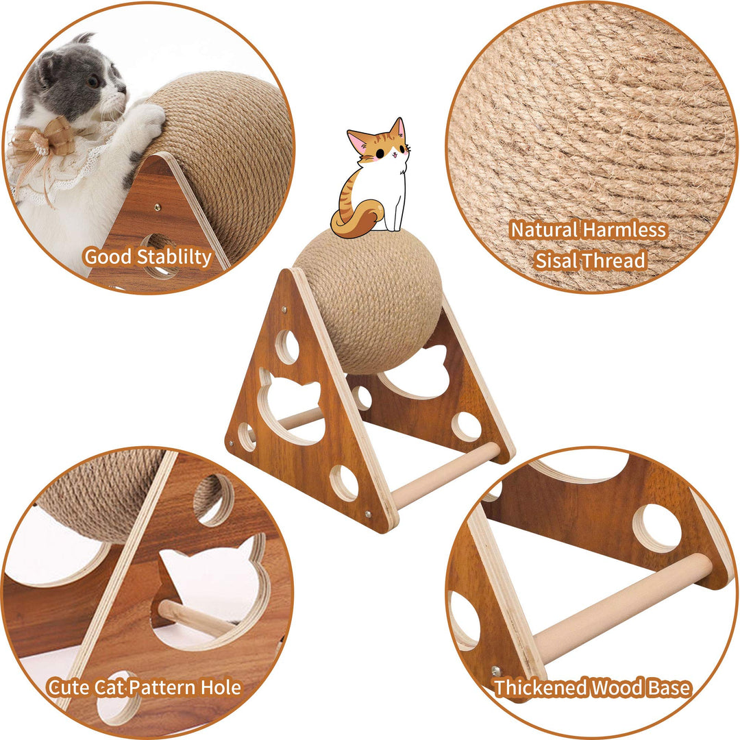 Natural Sisal Cat Scratching Ball, Scratcher Toy, for Cats and Kittens, Interactive Solid Wood Pet Toy, Diameter 6.5 Inch