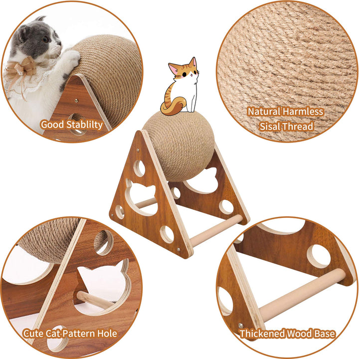 Natural Sisal Cat Scratching Ball, Scratcher Toy, for Cats and Kittens, Interactive Solid Wood Pet Toy, Diameter 6.5 Inch