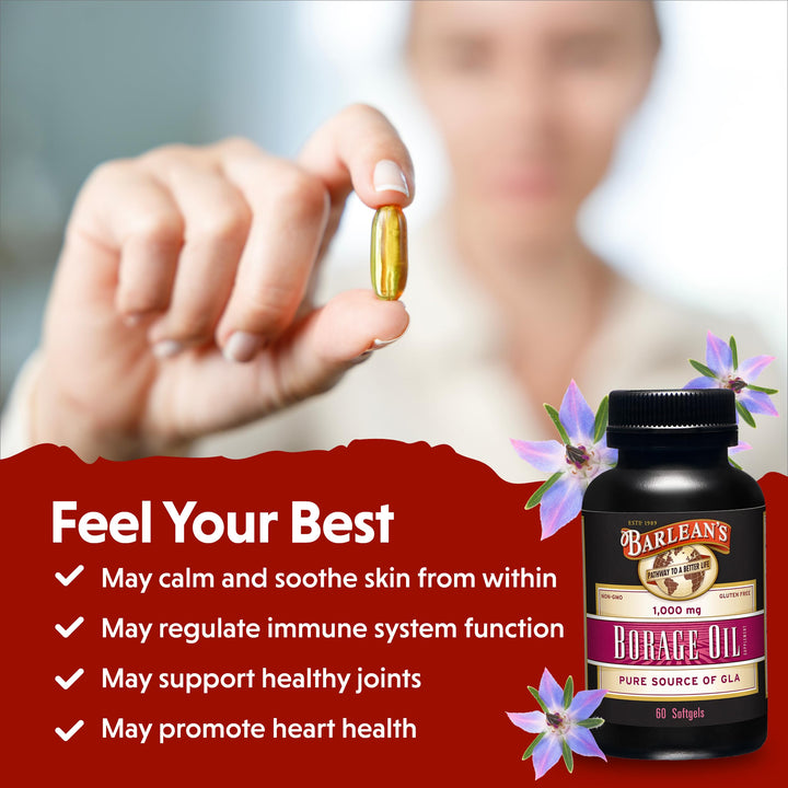 Barlean's Borage Oil Capsules, 1000mg Cold Pressed Pure Borage Seed Oil GLA Supplement, Omega 6 for Healthy Skin Joints and Bones and Brain Function, Non-GMO and PA Safe, 60 Count