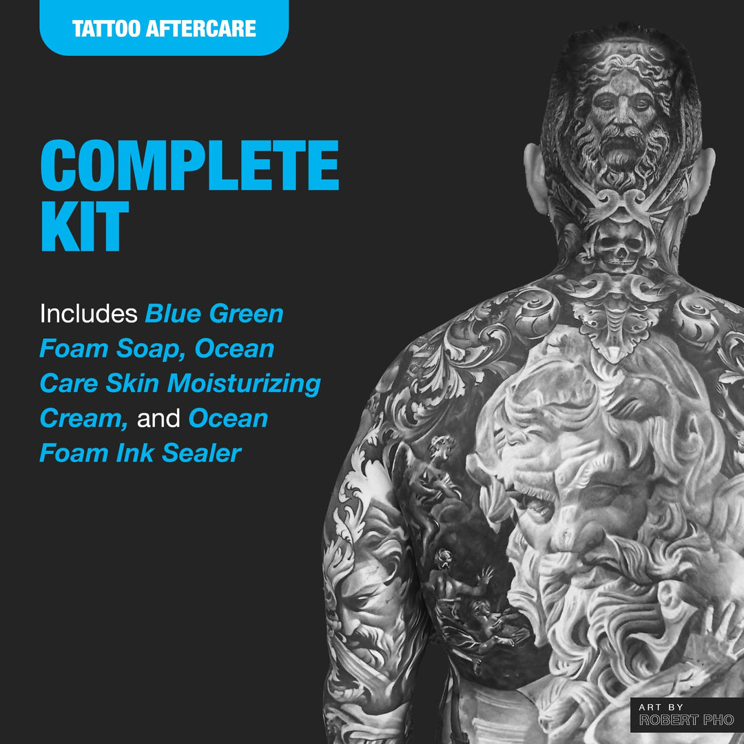 Ultimate Tattoo Care Kit for a Faster Heal - Tattoo Skincare Regimen - 1.7 oz Blue Green Foam Soap, 2.5 oz Ocean Care Skin Moisturizing Cream & 2 oz Ocean Foam Skin Moisturizing Soap