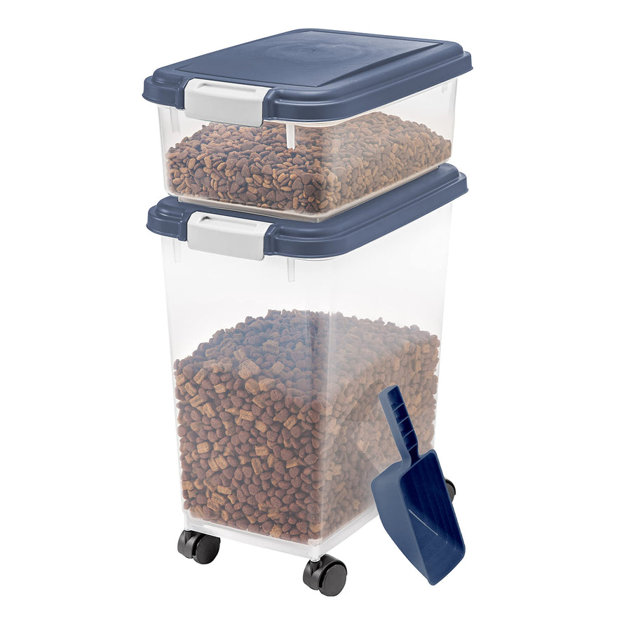 USA Dog Food Storage Container, 30 lbs & 11 lbs Combo, Cat Food Storage Container, Dog Treat Container, Airtight, Stackable, 2-Cup Scoop, Wheels, Easy Mobility, Navy
