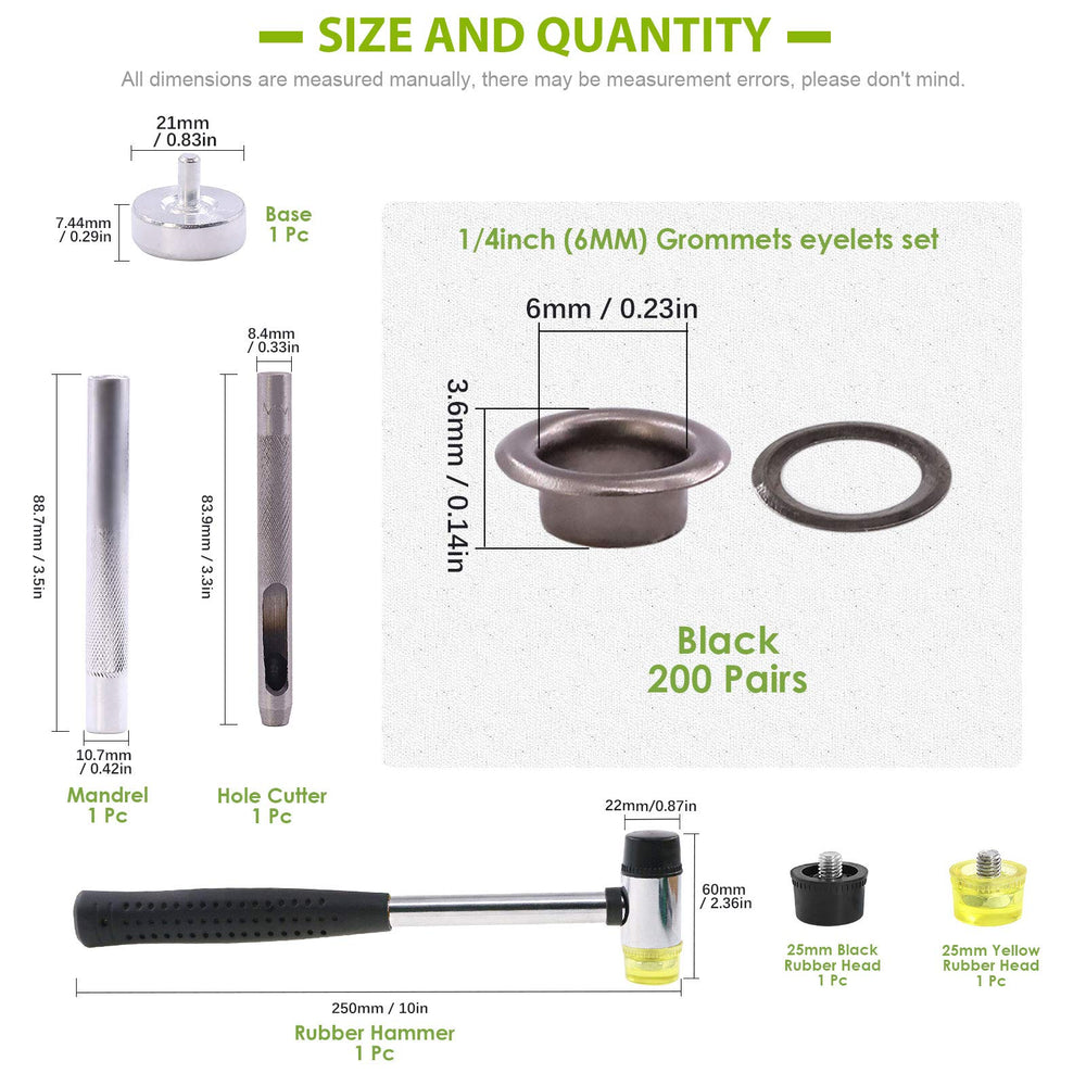 200 Pieces 6MM 1/4 Inch Gun Black Grommets Eyelets with 3Pcs Installation Tools for Fabric, Canvas, Curtain, Clothing, Leather