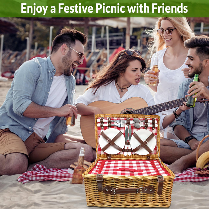 Picnic Basket, Wicker Basket with Handle for Outdoors, Insulated Woven Basket, Includes a Service Kit of Dinnerware & Wine Glasses, Picnic Basket Set for 4, Red & White