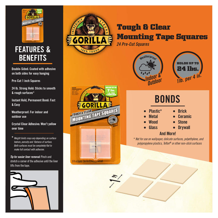 Tough & Clear Double Sided Tape Squares; 24 1 Pre-Cut Mounting Squares; Clear; (Pack of 1)