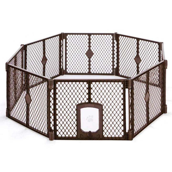 North States MyPet Petyard Passage: 6.5 Ft. Wide Customizable Folding Dog Playpen Indoor/Outdoor. Made in USA. 8-panel Puppy Playpen, Lockable Pet Door. Freestanding Play Pen Dog Gate 26 Tall, Brown