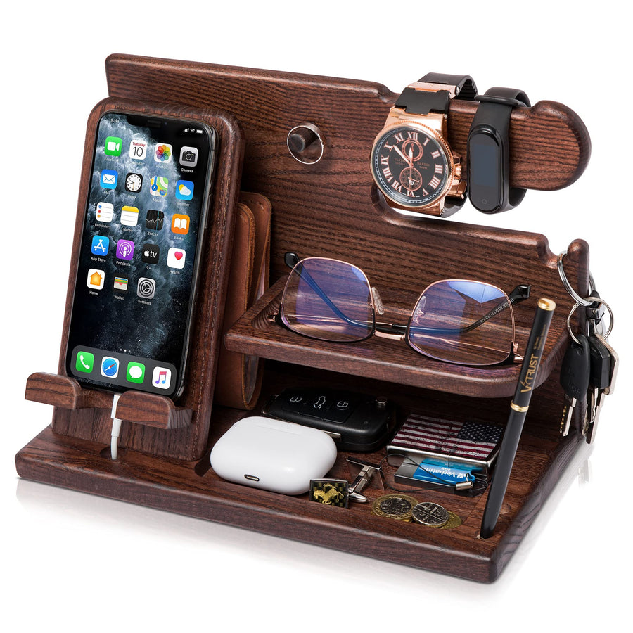 Wood Phone Docking Station for men - Desk Accessories & Workspace Organizer - Nightstand organizer - Birthday gifts for Men or Dad - Idea for Anniversary - Key Holder - Stand Watch (Brown)