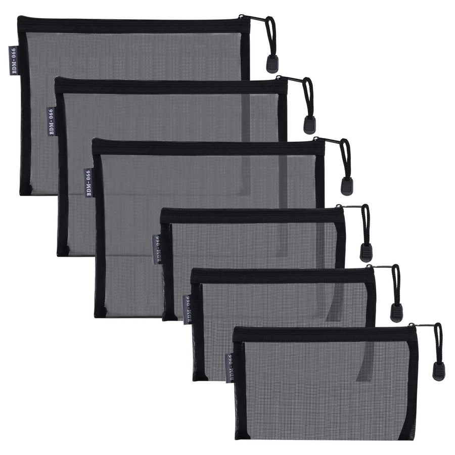 Nylon Mesh Cosmetic Zipper Bags, 6PCS Black Makeup Pouches Travel Organizer Case for Purse Diaper Bag (A5 x 3pcs, A6 x 3pcs)