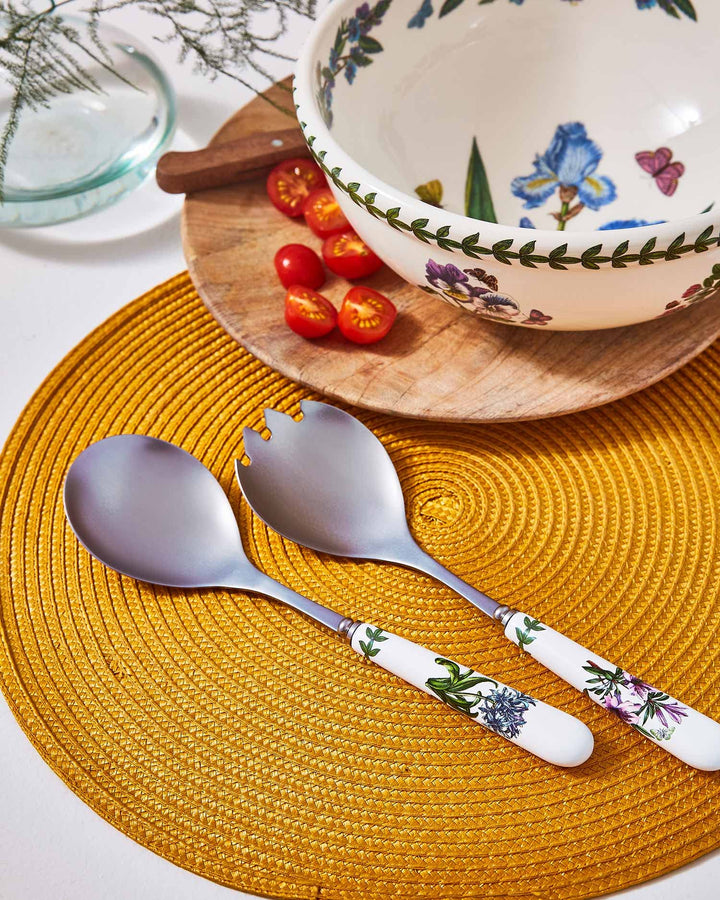 Botanic Garden 10 Salad Servers - Set of 2 | Azalea and African Lily Motifs | Stainless Steel and Porcelain | Chip-Resistant Glaze | Ideal for Family Gatherings and Outdoor Parties