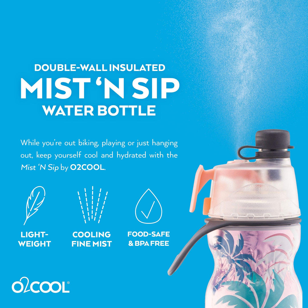 Mist 'N Sip Misting Water Bottle 2-in-1 Mist And Sip Function With No Leak Pull Top Spout Sports Water Bottle Reusable Water Bottle - 20 oz (Pink Palm Tree)