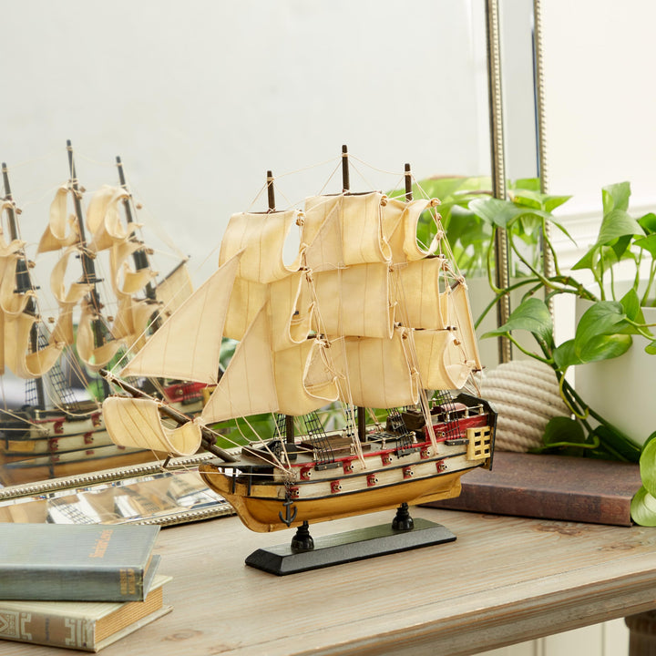 Wood Sail Boat Decorative Sculpture Home Decor Statue with Lifelike Rigging, Accent Figurine 15 x 3 x 14, Beige