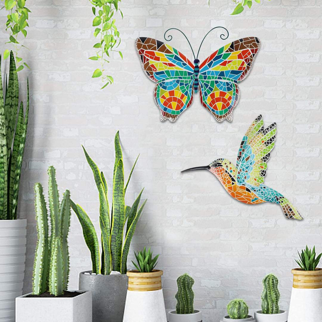 16 Inch Large Wall Decor, Set of 2 Butterfly Hummingbird Metal Wall Art, Bird Wall Sculpture Hanging Decorations, Perfect for Garden Yard Fence Home Kitchen Bedroom Outdoor Indoor