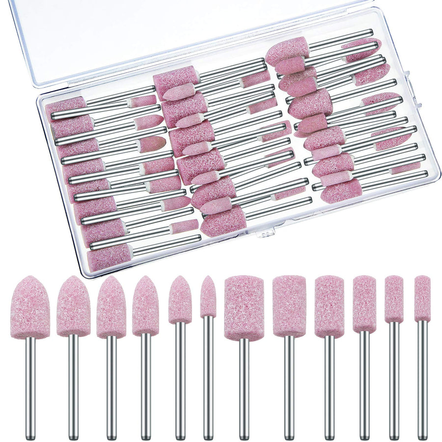 48 Pieces Abrasive Mounted Stone Grinding Wheel Head Mounted Grinding Point Stone Heads with Box Compatible with Dremel Rotary Tool, 0.12 Inch Shank and 6 Sizes(Pink,Aluminium Oxide)