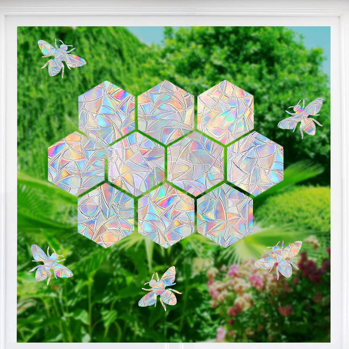 16 Pieces Hexagons and Bee Window Clings - Anti-Collision Window Decals to Save Birds from Window Collisions,Non Adhesive Prismatic Vinyl Window Clings, Rainbow Stickers