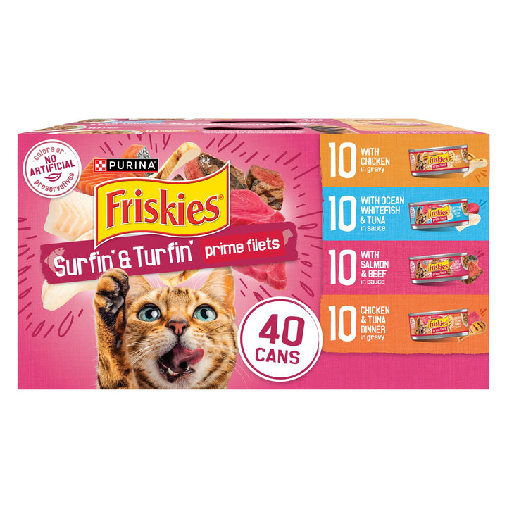 Friskies Gravy Wet Cat Food Variety Pack, Surfin’ and Turfin’ Prime Filets Favorites - (Pack of 40) 5.5 oz. Cans