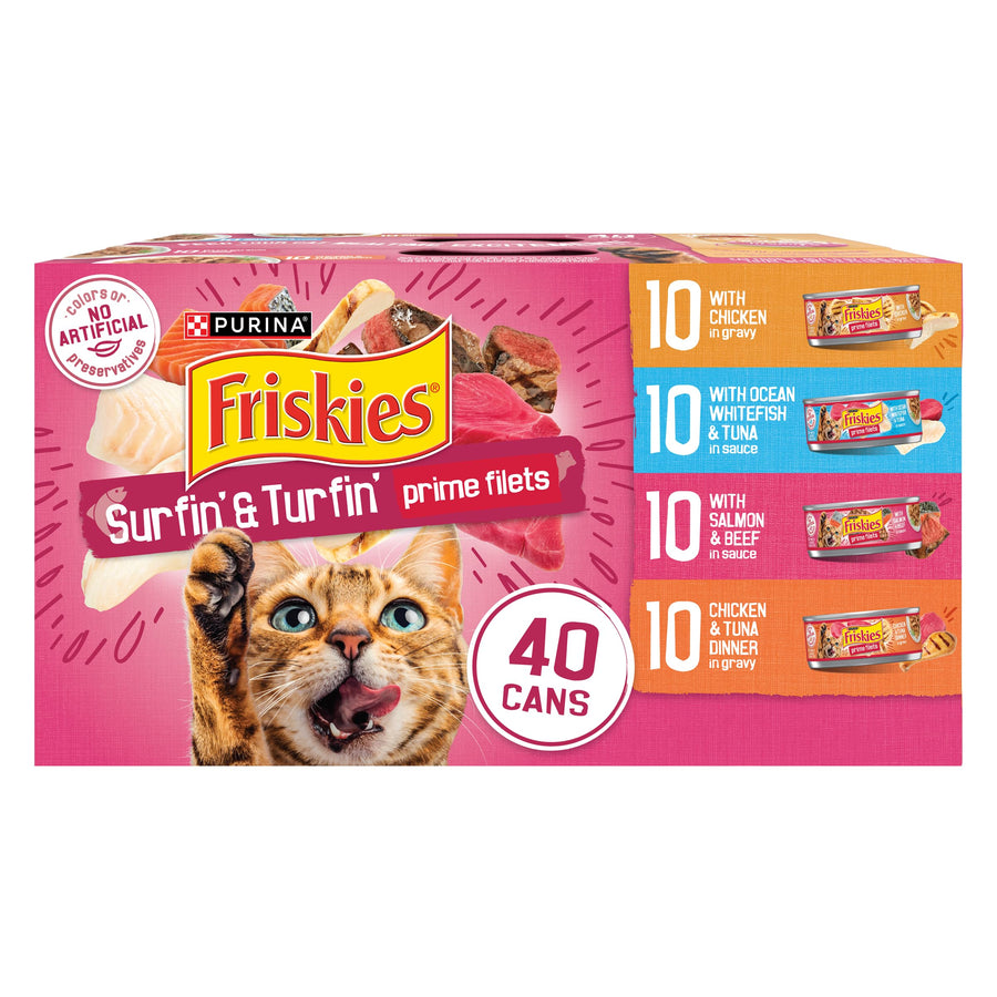 Friskies Gravy Wet Cat Food Variety Pack, Surfin’ and Turfin’ Prime Filets Favorites - (Pack of 40) 5.5 oz. Cans
