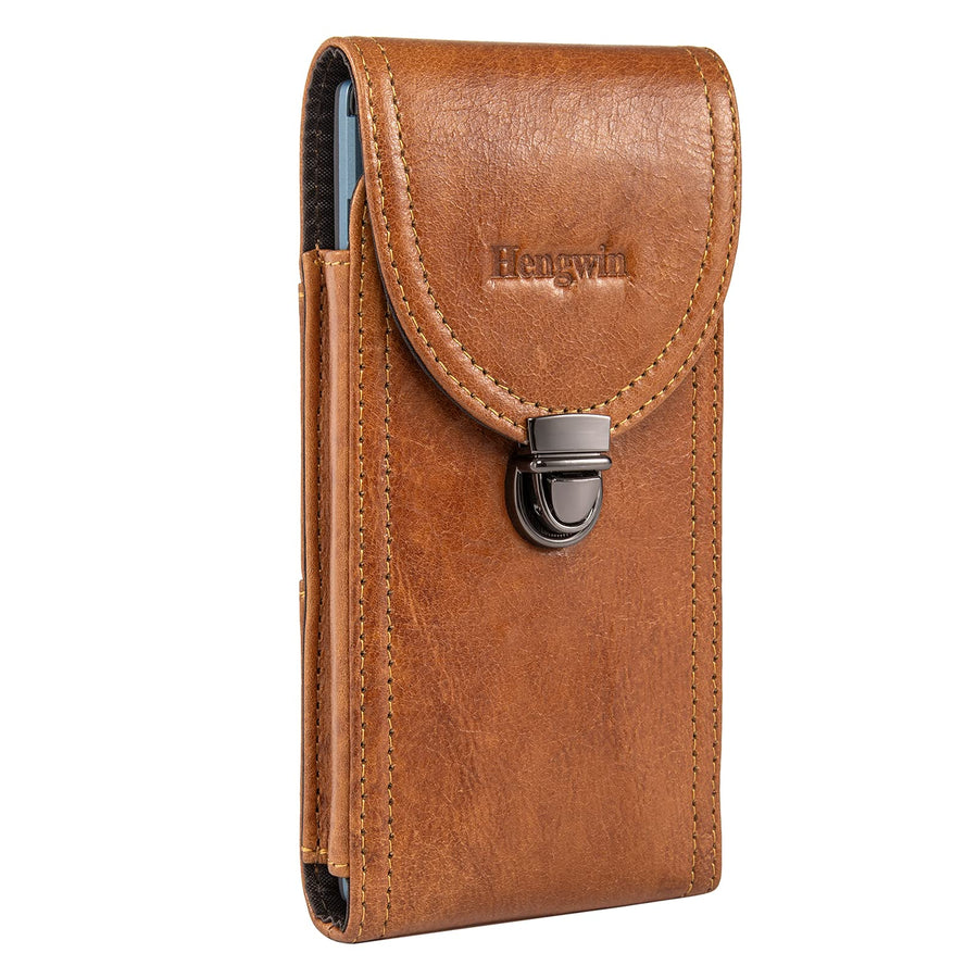 Genuine Leather Cell Phone Holster Fits for iPhone 16 Pro Max 15 Pro Max 14 Pro Max 13 Pro Max Samsung S24 Ultra S23 Ultra Holster Belt Case with Belt Clip/Loop Phone Holder for Men (Brown)