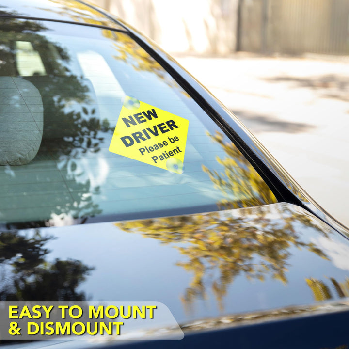 2 PC New Driver Sign - 5 x 5 Teen Driver Please Be Patient Car Window Signs with Suction Cups - Student Driver Signs for Car - Yellow Rookie Car Signs