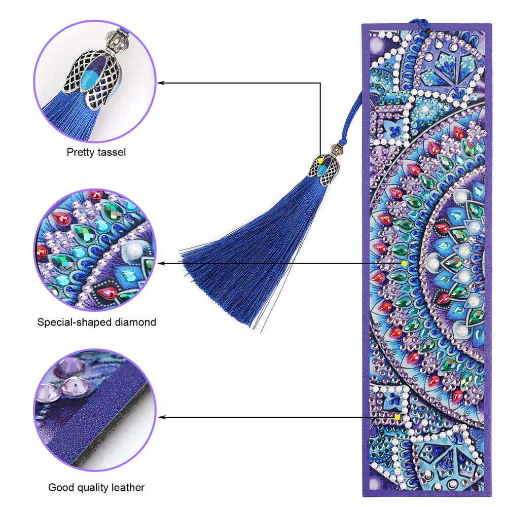 DIY Bookmark, 5D Diamond Art Painting Bookmark,Paint by Numbers Kit for Gift Making,Diamond Tassel Leather Bookmark for Adult Beginner-Mandala
