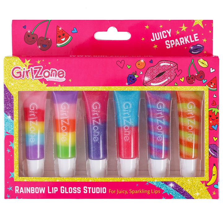 Rainbow Fruity Lip Gloss Makeup Set for Kids and Girls, Fabulous Lip Balm Set for Kids with 6 Fruit Scented Lip Gloss, Lovely Gift Idea