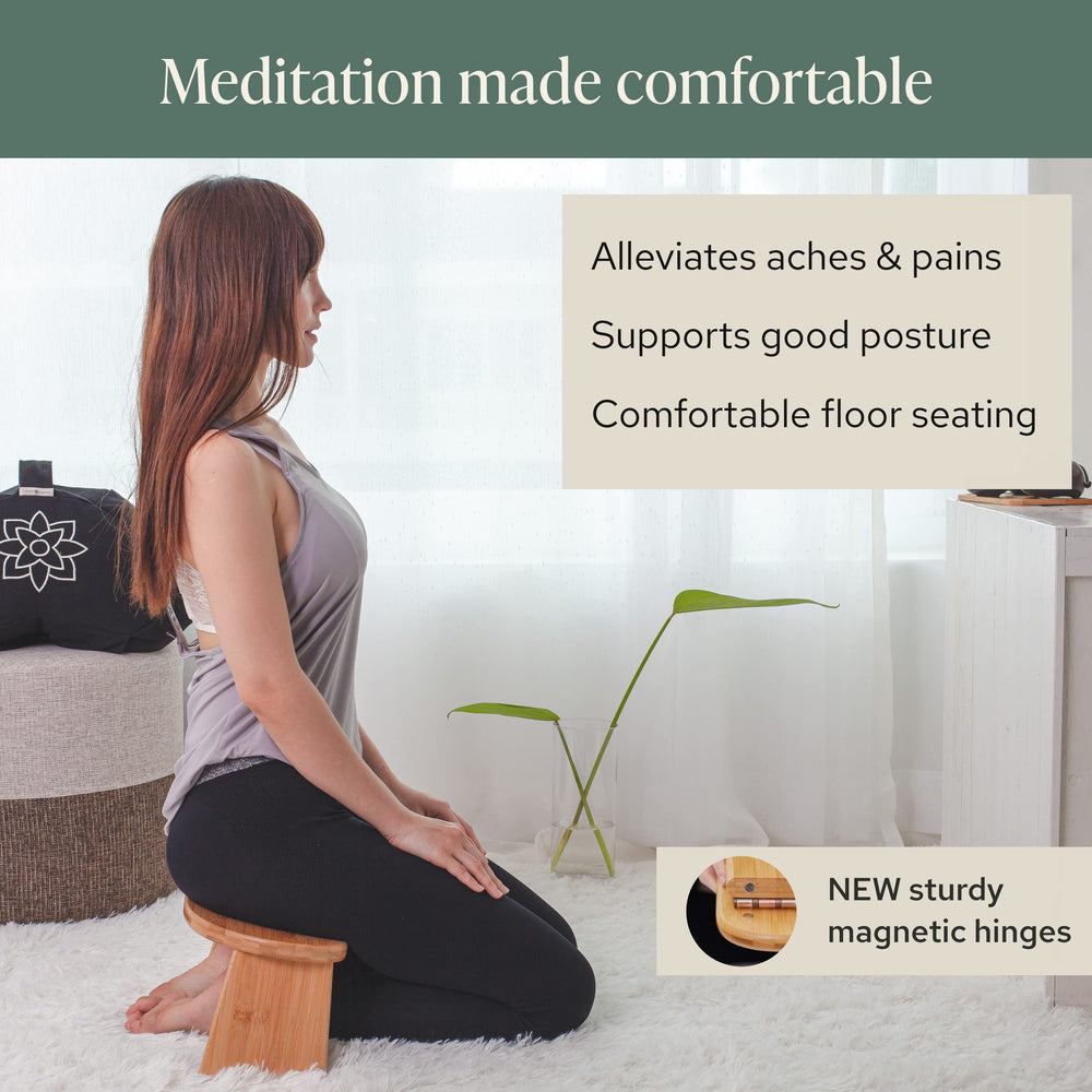 Folding Meditation Bench - Bamboo Kneeling Stool with Locking Magnetic Hinges - Portable Cross Legged Folding Seiza Chair w/Travel Bag