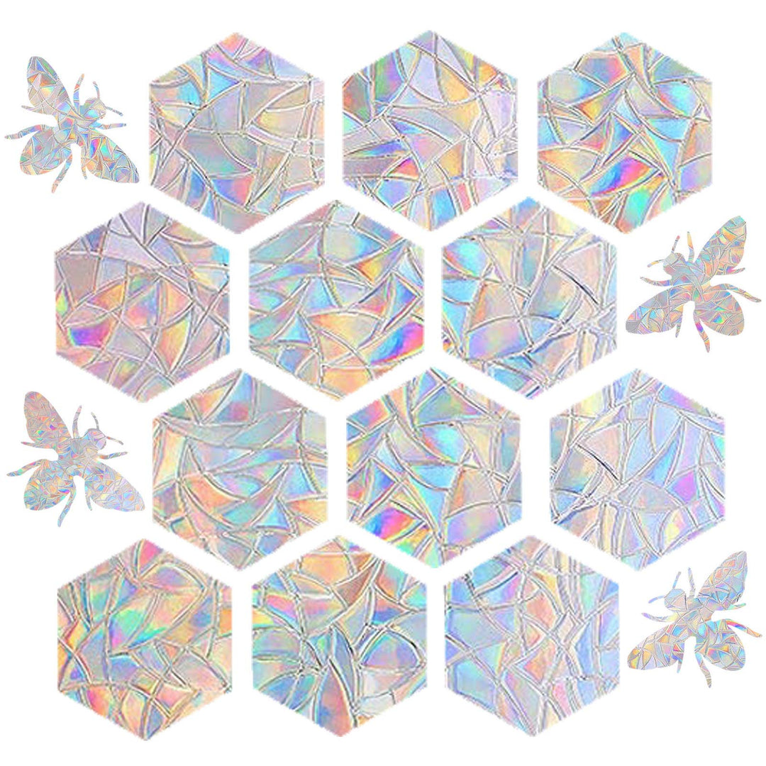 16 Pieces Hexagons and Bee Window Clings - Anti-Collision Window Decals to Save Birds from Window Collisions,Non Adhesive Prismatic Vinyl Window Clings, Rainbow Stickers