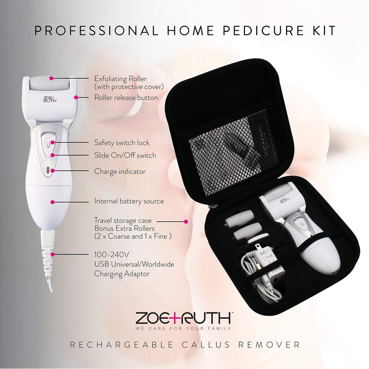 Electric Callus Remover Foot File, Rechargeable Pedicure Tools for Dry Hard Cracked Dead Skin on Your Heels & Feet ZR-CR200. 3 Professional Quality Pedi Exfoliation Rollers & Storage Case