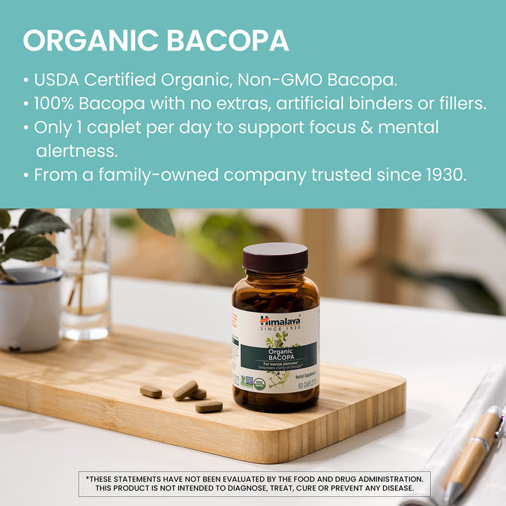 Organic Bacopa Monnieri Nootropic Herbal Supplement, Supports Calm, Memory, Cognition, USDA Certified Organic, Non-GMO, 750 mg, 60 Plant-Based Caplets, 60 Day Supply