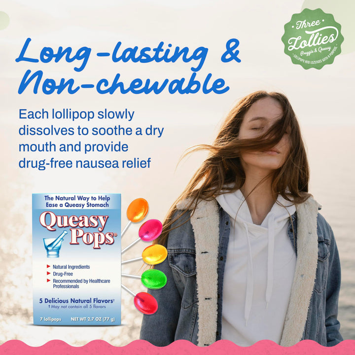Queasy Pops | Nausea (Chemo, Motion Sickness etc.) | Drug Free & Gluten Free | 7 Flavors: Green Tea with Lemon, Ginger, Peppermint & More, 7 Count (Pack of 3)