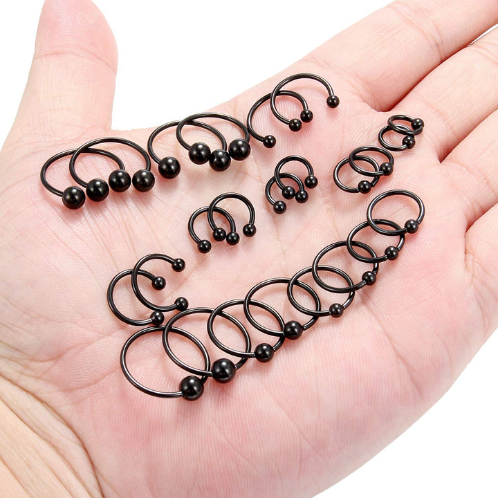 12PRS(24PCS) 16G Surgical Steel Horseshoe & Captive Bead Nose Hoop Septum Earring Eyebrow Tongue Lip Nipple Helix Tragus Piercing Jewelry Rings 6-16mm Black