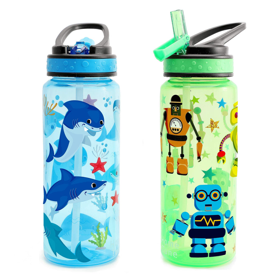 23oz Kids Water Drinking Bottle 2 Pack - BPA Free, Flip Straw Lid Cap, Lightweight, Carry Handle, Leak-Proof Water Bottle with Cute Design For Girls & Boys - Shark & Robot