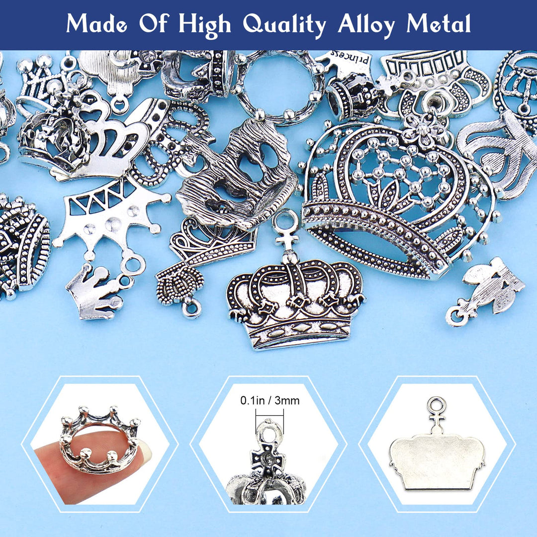 Crown Charms Pendants Beads, Vintage Silver Multistyle Crown Charm Pendant Connector for DIY Jewelry Making Accessaries Craft Supplies Bulk Lots, 25 Pcs