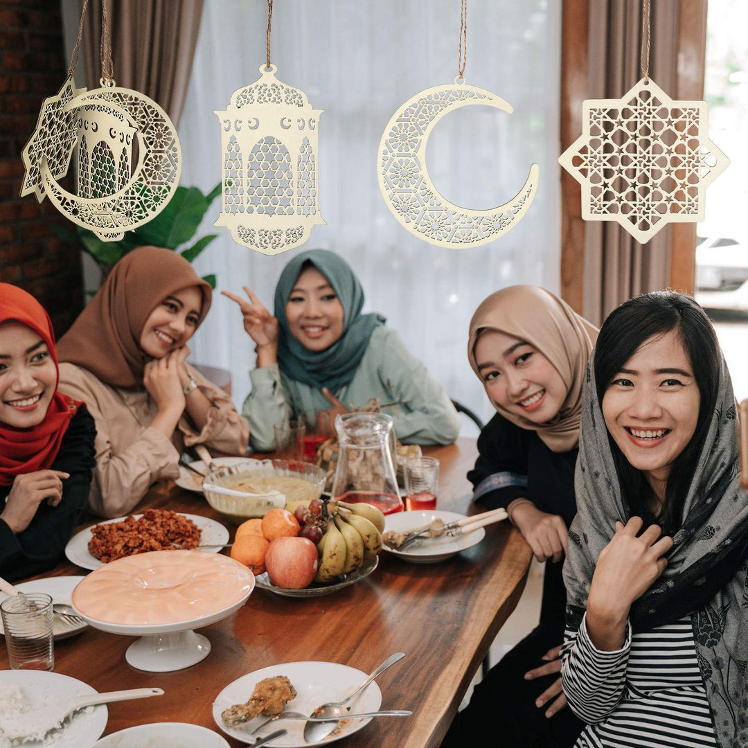 6Pcs Ramadan Kareem Wooden Ornaments Pendant Decoration Moon Lantern Star Shape Mubarak Eid Hanging Ornament for Ramadan Mubarak Eid Decorations