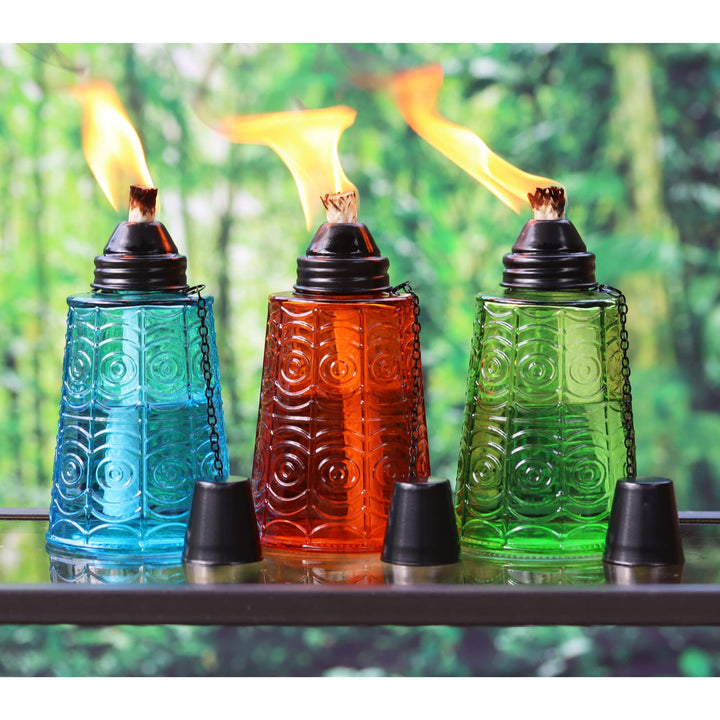 Citronella Table Top Torches for Outdoor Patio, 16oz Decorative Glass Torch Citronella Oil Candles for Outside Deck, Garden, Parties, Set of 3, Blue/Amber/Green