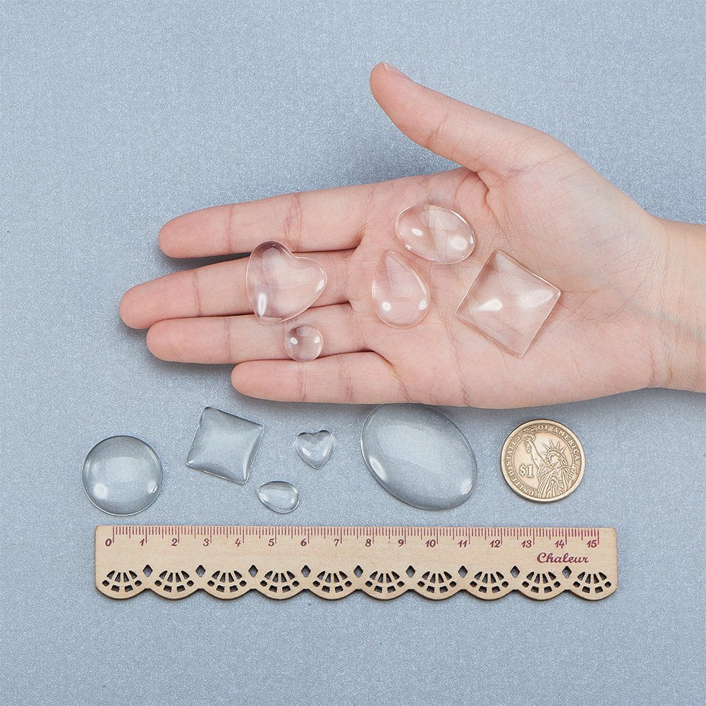 PandaHall Elite 60 Pcs Half Round Flat Back Clear Glass Dome Tile Cabochon 10 Styles for Photo Pendant Craft Jewelry Making