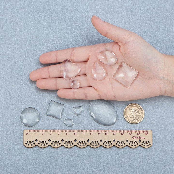 PandaHall Elite 60 Pcs Half Round Flat Back Clear Glass Dome Tile Cabochon 10 Styles for Photo Pendant Craft Jewelry Making