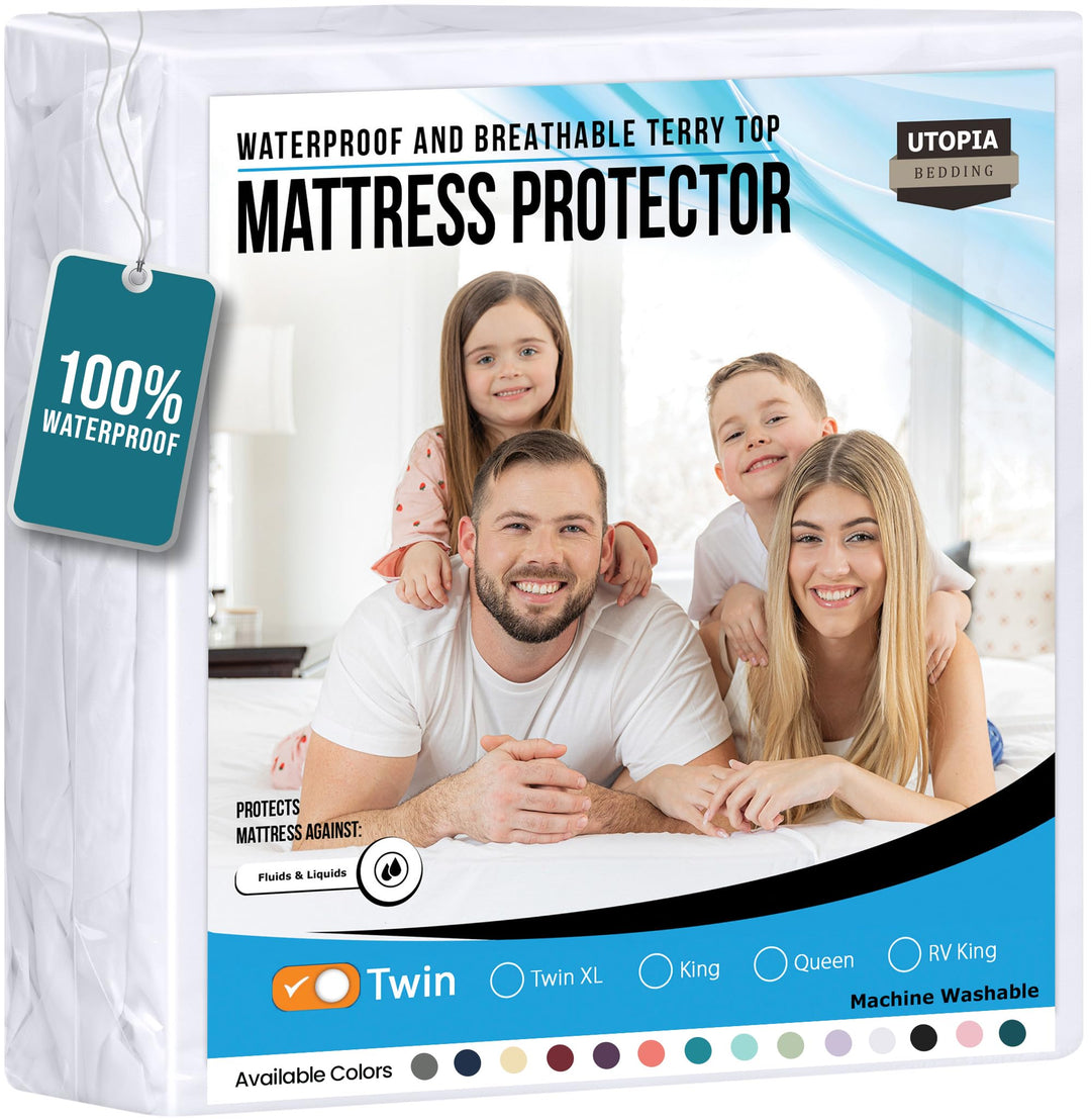Waterproof Mattress Protector Twin Size, Premium Terry Mattress Cover 200 GSM, Breathable, Fitted Style with Stretchable Pockets (White)