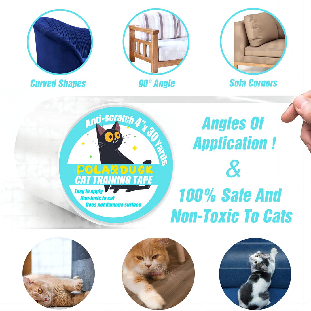 Anti Cat Scratch Tape: 4 inches x 30 Yards Cat Training Tape 100% Transparent Clear Double Sided Cat Scratch Deterrent Tape Furniture Protector for Couch, Carpet, Doors, Pet & Kid Safe