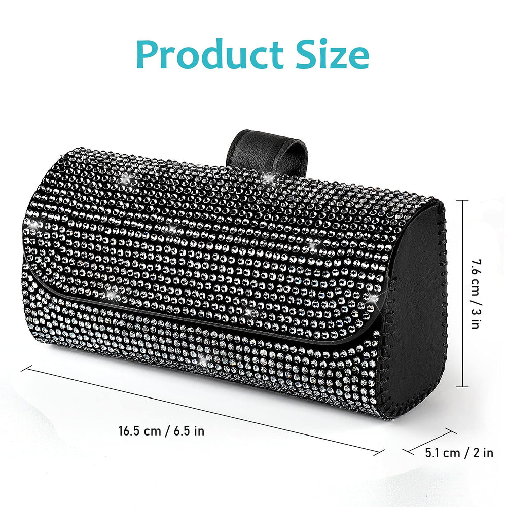 Bling Sunglasses Holder for Car Sun Visor, Sparkling Auto Glasses Clip Case Eyeglasses Protective Box, PU Leather Car Sunglass Storage Organizer for Truck, SUV, RV (Black Crystal)