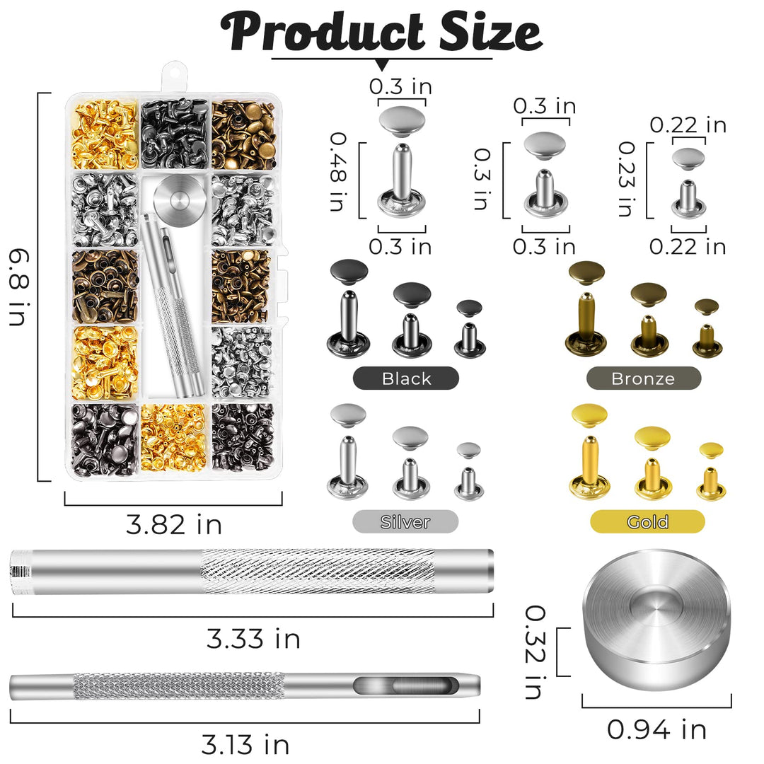 240 Sets Leather Rivets Kit, Double Cap Brass Rivets Leather Studs with 3PCS Setting Tools for Leather Repair and Crafts, 4 Colors and 3 Sizes
