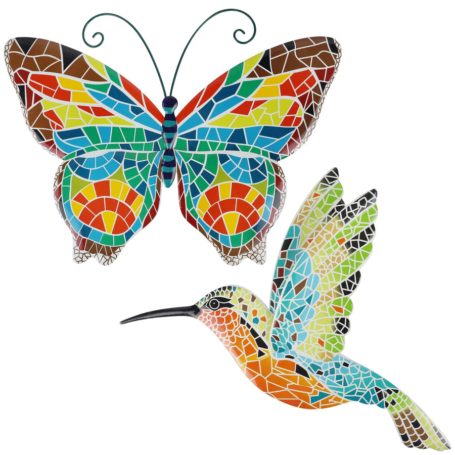 16 Inch Large Wall Decor, Set of 2 Butterfly Hummingbird Metal Wall Art, Bird Wall Sculpture Hanging Decorations, Perfect for Garden Yard Fence Home Kitchen Bedroom Outdoor Indoor