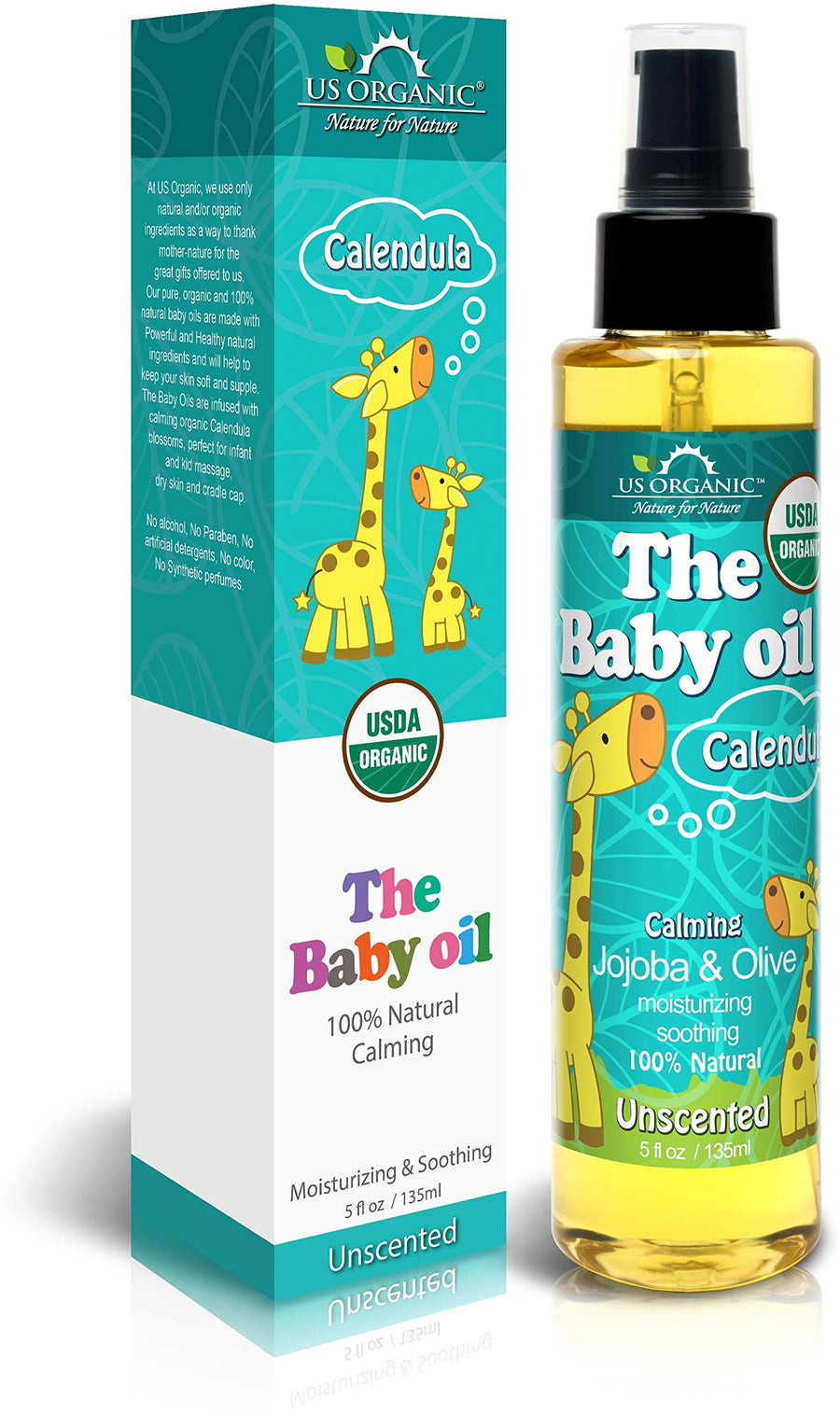 Baby Oil with Calendula, Jojoba, and Olive Oil with Vitamin E, USDA Certified Organic, No Alcohol, Paraben, Artificial Detergents, Color, Synthetic Perfumes, 5 fl. Oz (Pure Unscented)