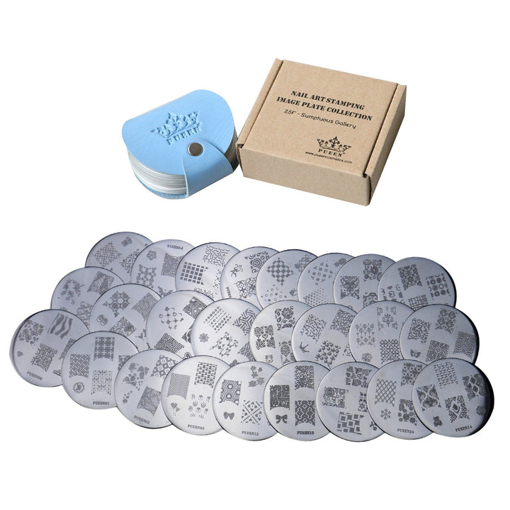 Nail Art Stamp Collection Set 25F - NEW Unique Set of 25 Nailart Polish Stamping Manicure Image Plates Accessories Kit (Totaling 150 Images) - New Batch with Display & Storage Case-BH000019