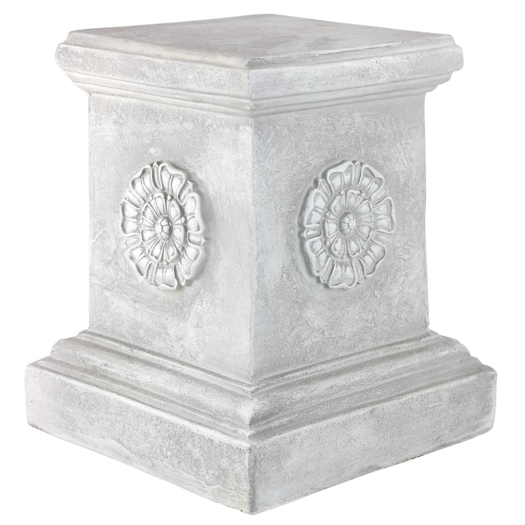 English Rosette Indoor/Outdoor Sculptural Garden Plinth Base Statue Riser, 11 Inches Square, 13 Inches Tall, Handcast Polyresin, Antique Stone Finish