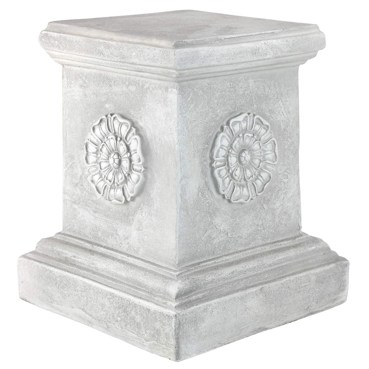 English Rosette Indoor/Outdoor Sculptural Garden Plinth Base Statue Riser, 11 Inches Square, 13 Inches Tall, Handcast Polyresin, Antique Stone Finish