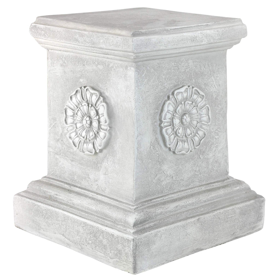 English Rosette Indoor/Outdoor Sculptural Garden Plinth Base Statue Riser, 11 Inches Square, 13 Inches Tall, Handcast Polyresin, Antique Stone Finish