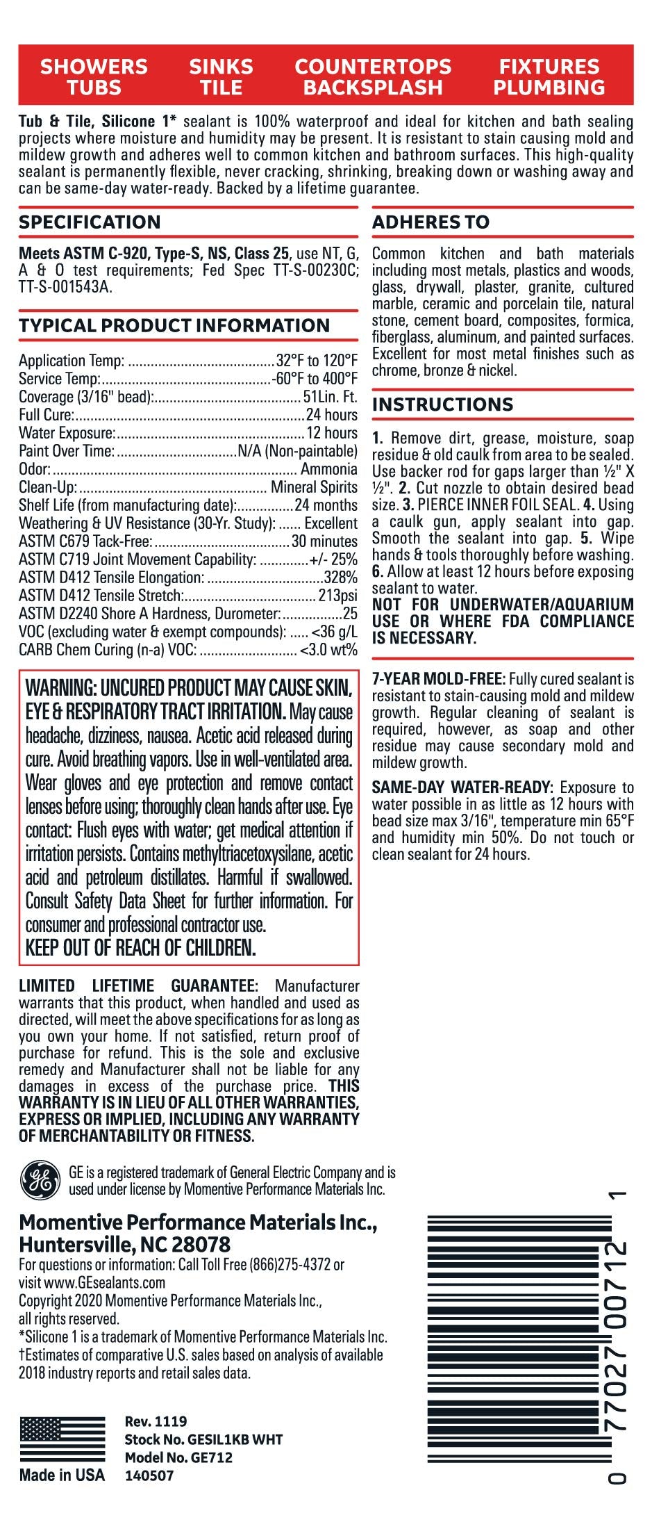 Sealants & Adhesives -712-10.1oz 712 Kitchen and Bath Sealant, 10.1 oz Cartridge, White, 10.1oz