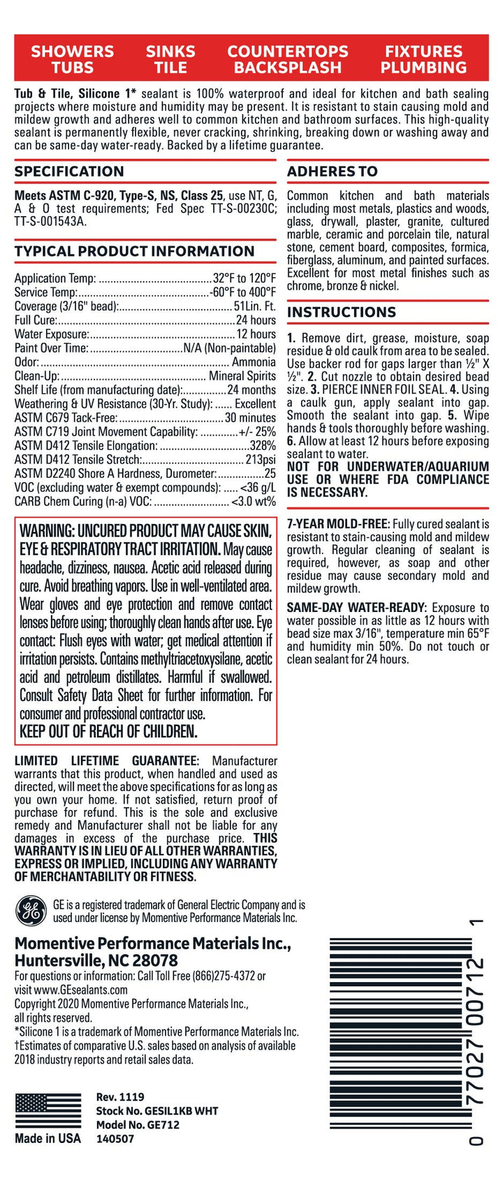 Sealants & Adhesives -712-10.1oz 712 Kitchen and Bath Sealant, 10.1 oz Cartridge, White, 10.1oz