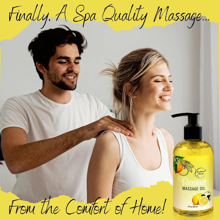 Renew Massage Oil with Orange, Lemon & Peppermint Essential Oils - Great for Massage Therapy or Home use. Ideal for Full Body – with Almond, Grapeseed & Jojoba Oils –