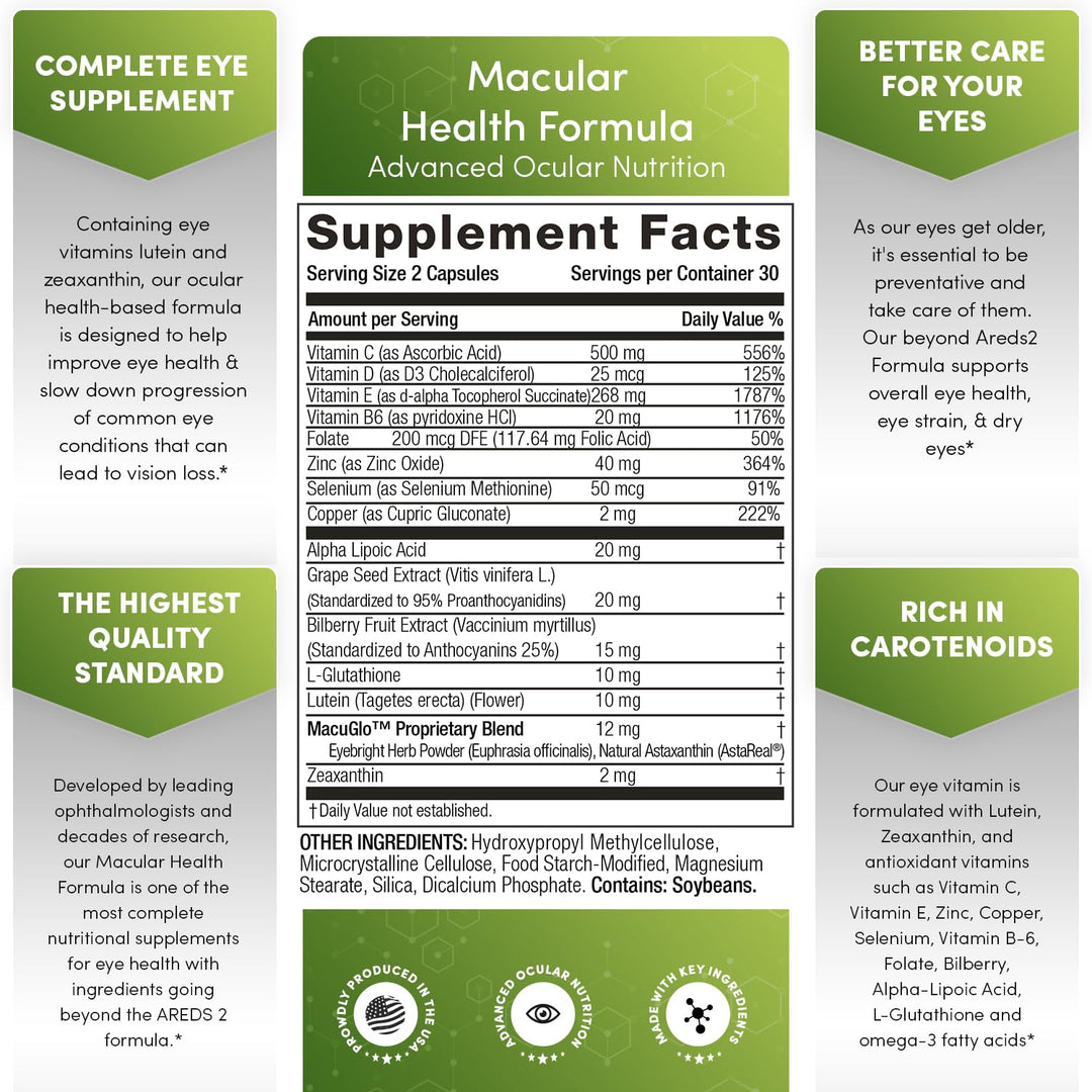 Macular Health Beyond AREDS2 Formula, Advanced Ocular Vitamin - Containing Lutein, Zeaxanthin, Bilberry, and Vitamins C, D, E, and B6 (30 Day Supply)