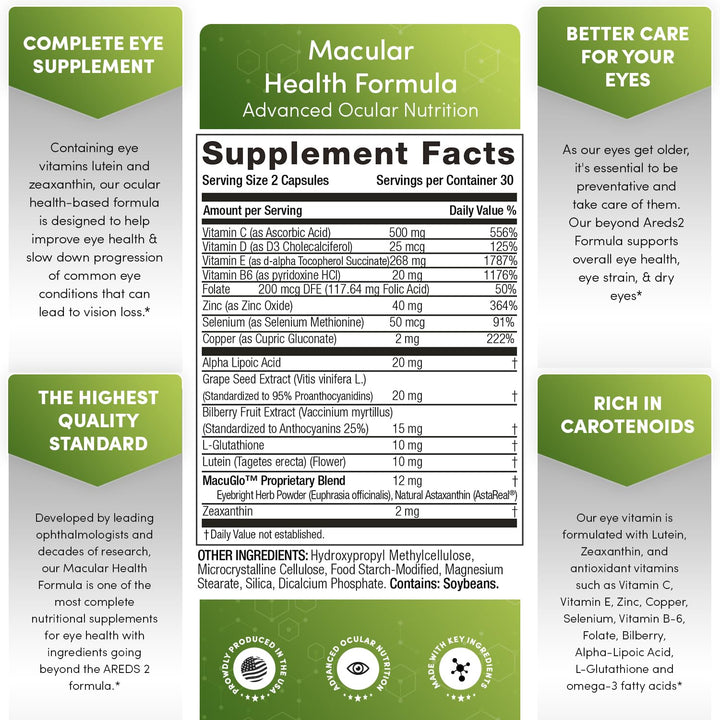 Macular Health Beyond AREDS2 Formula, Advanced Ocular Vitamin - Containing Lutein, Zeaxanthin, Bilberry, and Vitamins C, D, E, and B6 (30 Day Supply)